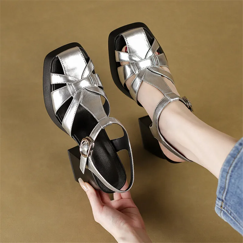 Summer Sandals Split Leather Women Shoes Square Toe High Heels Sandals for Women Handmade Fashion Roman Shoes Platform Sandals