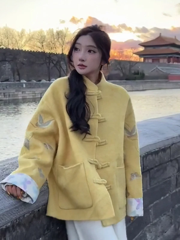 

New Chinese Sle Yellow Embroidery Buttoned Woolen Coat Double-Sided Tang Costume Autumn Winter New Outerwear for ...