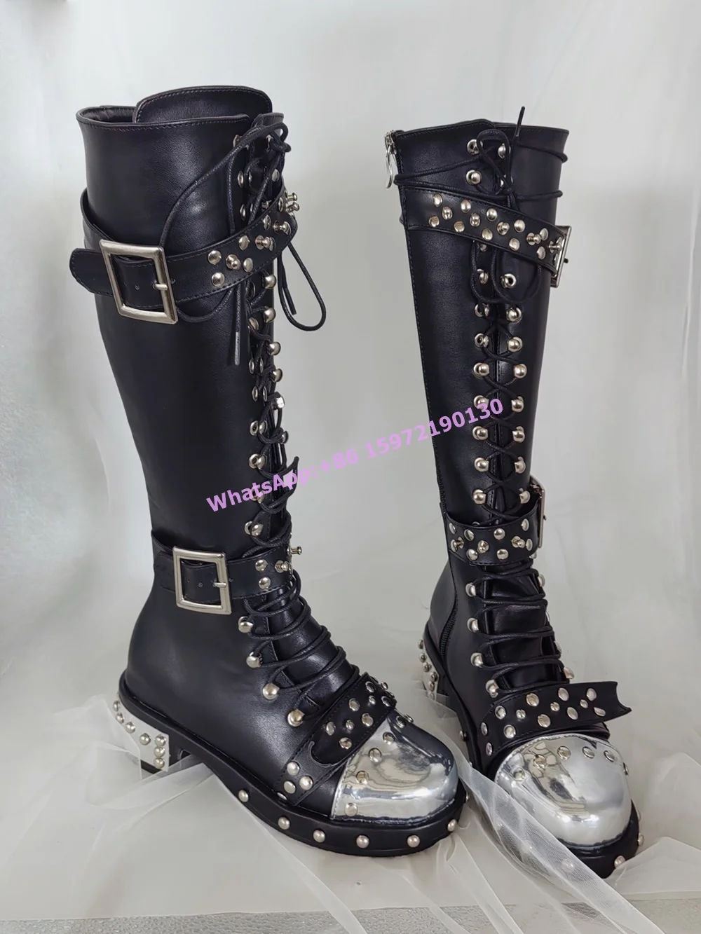 Metal Toe Rivet Black Boots Punk Style Leather Solid Buckle Belt Cross Tied Square Heels Shoes Couples Knee High Knight Boots