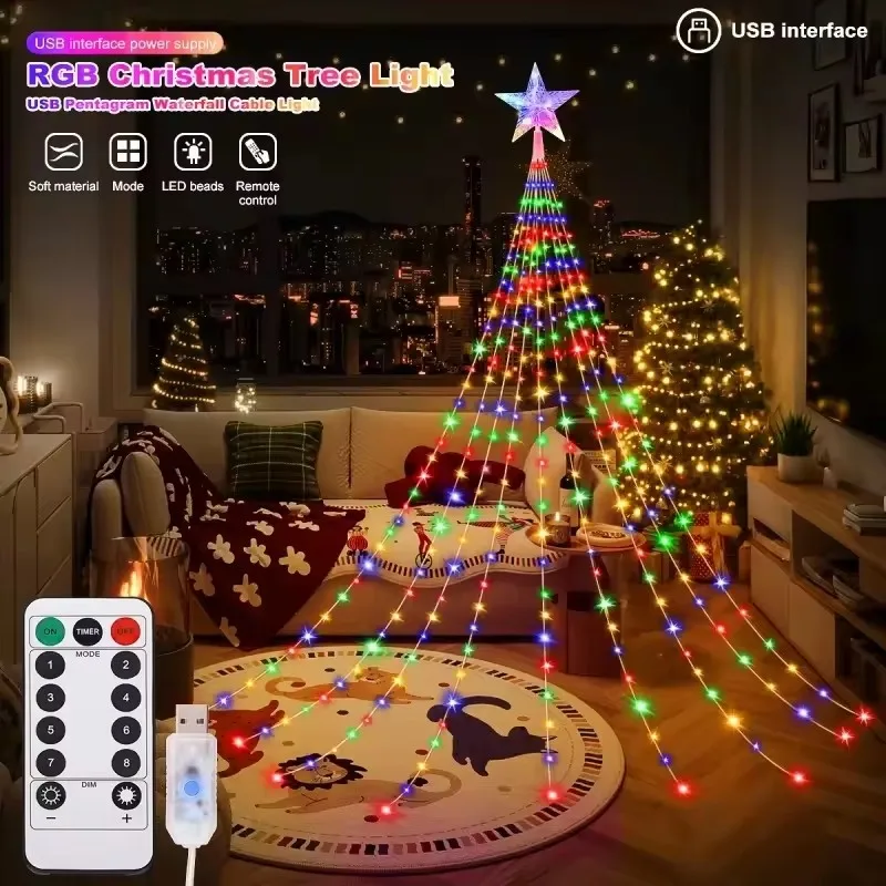 2m 200 LED Star Waterfall Lights with 8 Modes USB Powered & Remote Control Camping Light Indoor Outdoor Christmas String Lights