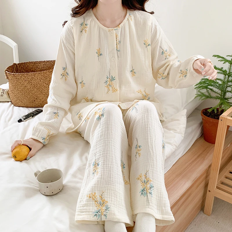 

100% Cotton Double Gauze Nursing Sleepwear for Maternity Summer Loose Floral Printed Pajamas Suit Sets Pregnancy Home Hospital