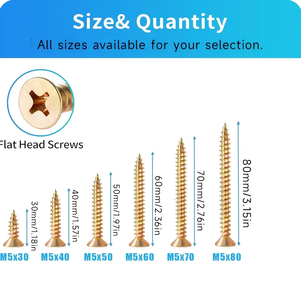 200 Pieces of M5x30/40/50/60/70/80 Flat-Head Wood Screws, Cross-Head Wood Screws, Yellow Galvanized, Full Thread