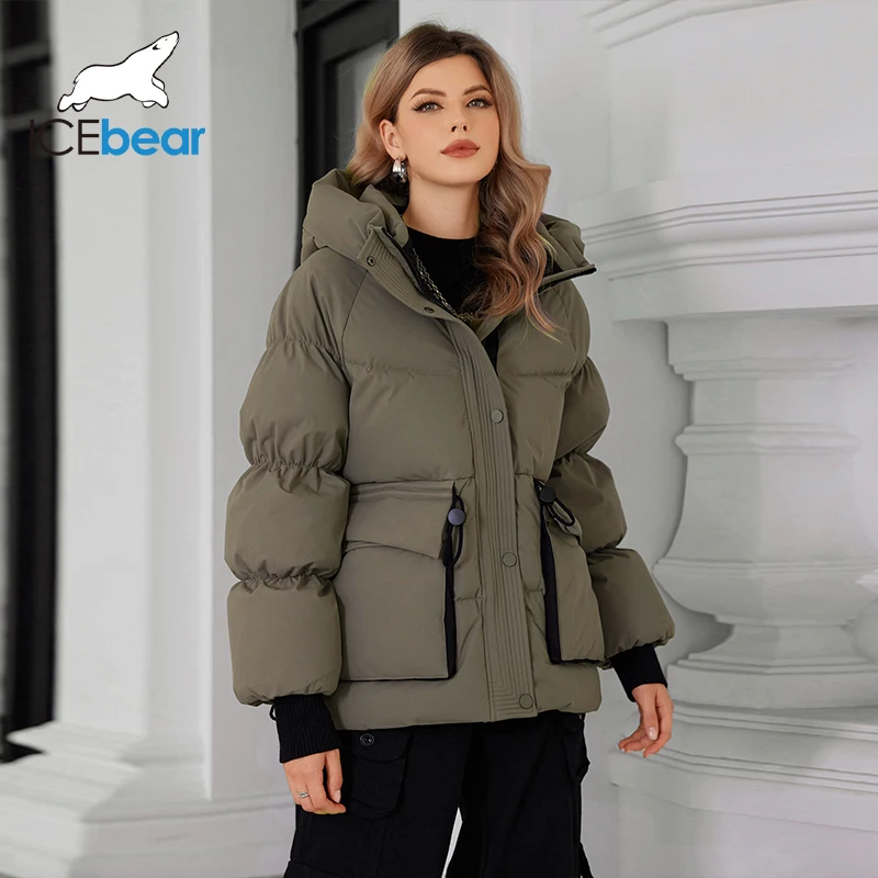 ICEbear 2024 Winter Women\'s Short Casual Loose Light Jacket with Large Pockets Women\'s Hooded Zippered Down Coat Jacket GWD4609I