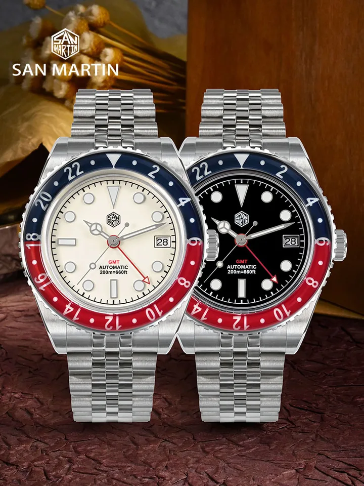 【美品】SAN MARTIN GMT 自動巻きNH34ムーブメント 白銀 Sba1de8f0f23d4390be6af781df227