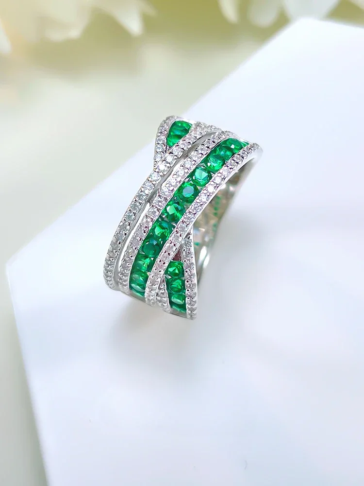 Fashionable and Luxury Grandmother Green 925 Sterling Silver Diamond Ring Set with High Carbon Diamond Style Wedding Jewelry