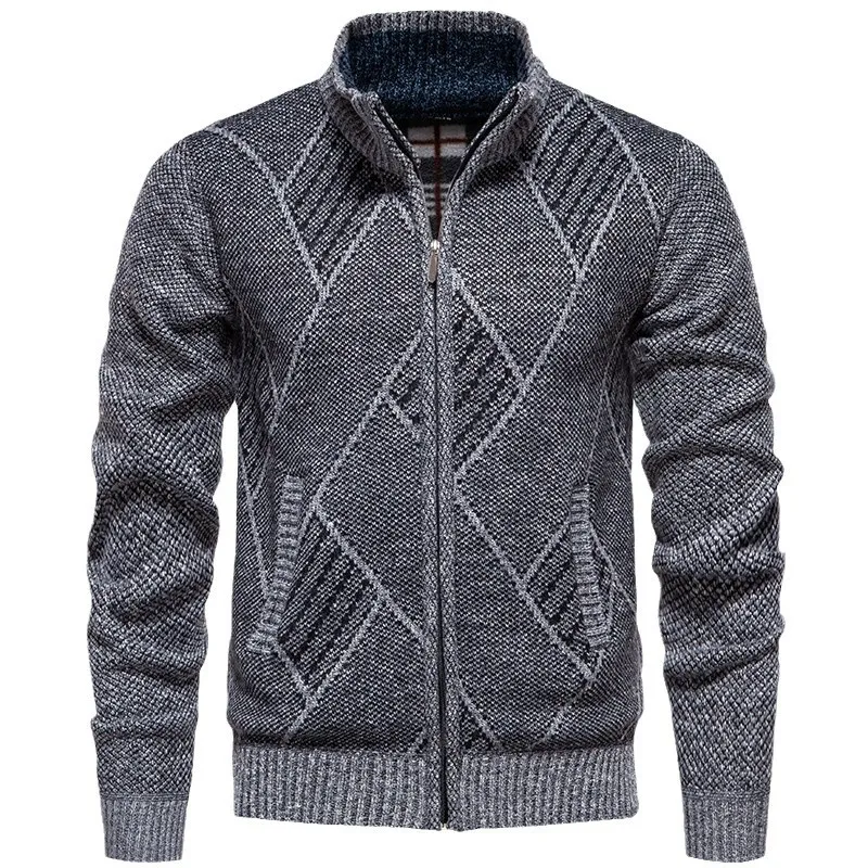 2025 Men's New Men Winter Stand Collar Knitted Sweater Fleece Lined Thickened Cardigan Coat Thermal Insulated Warm Outwear