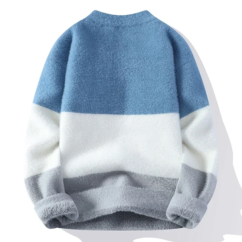 Autumn Color Block Sweater Men Mock Neck Warm Pullover Sweaters Slim Fit Patchwork Sweater Top Knitted Men's Christmas Cardigan