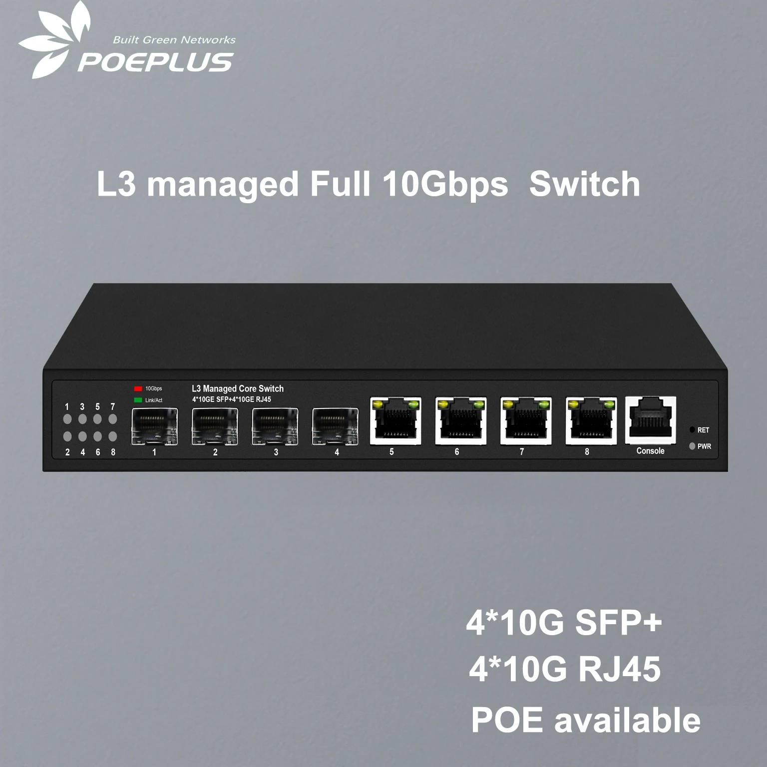 L3 managed Full 10Gbps 8 Ports Network Switch 4*RJ45 and 4*SFP+