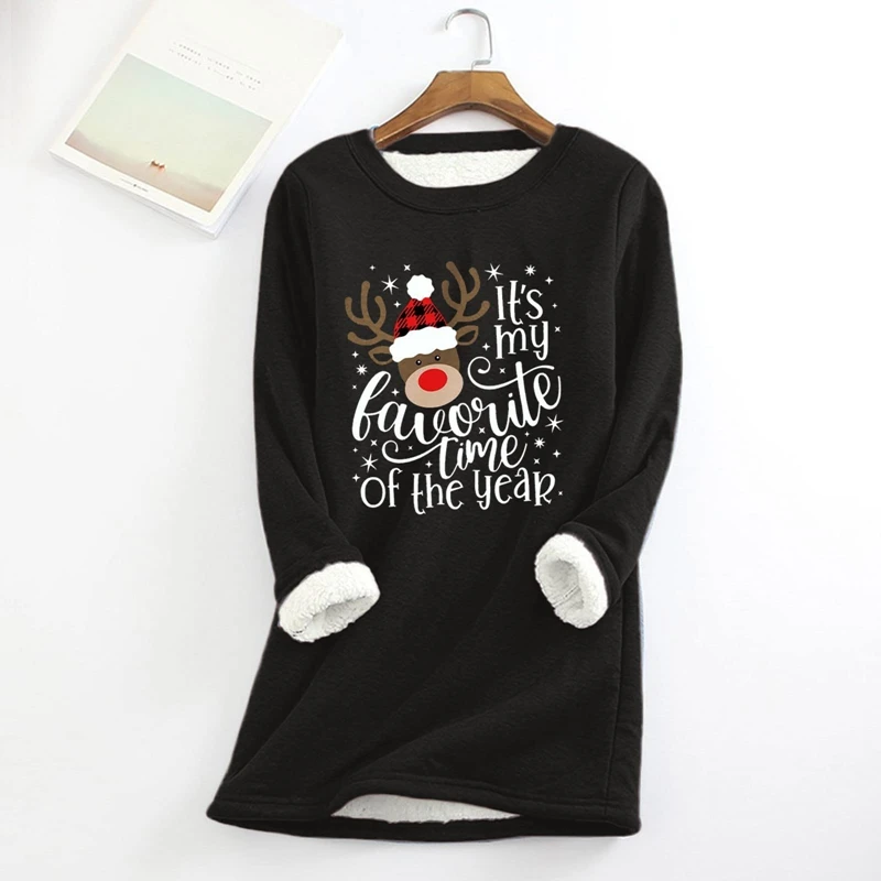 Womens Christmas Fleece Sweatshirt Long Sleeve Letter Elk Print Xmas Pullover Winter Warm Plush Lining Oversized Sweatshirt