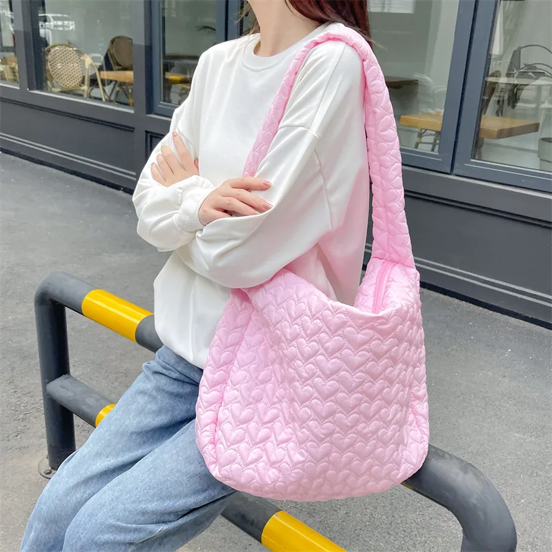 Vintage Nylon Love Tote Bag for Women, High Capacity, Crossbody Bag, Korean Version