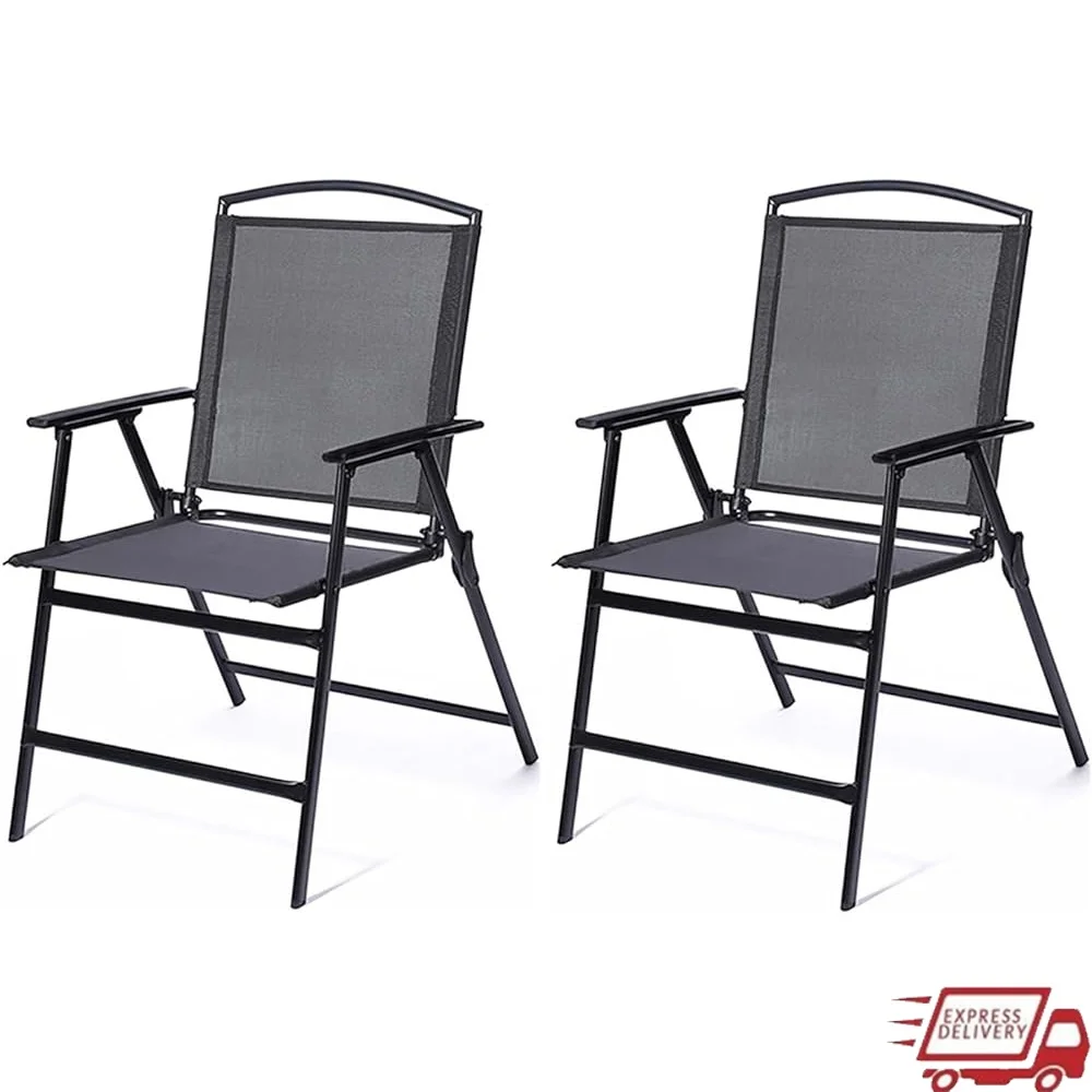 

Outdoor Folding Patio Dining Chairs Set of 2 Armrest Texteline Lightweight Portable Garden Lawn Balcony Unassembled Easy Storage