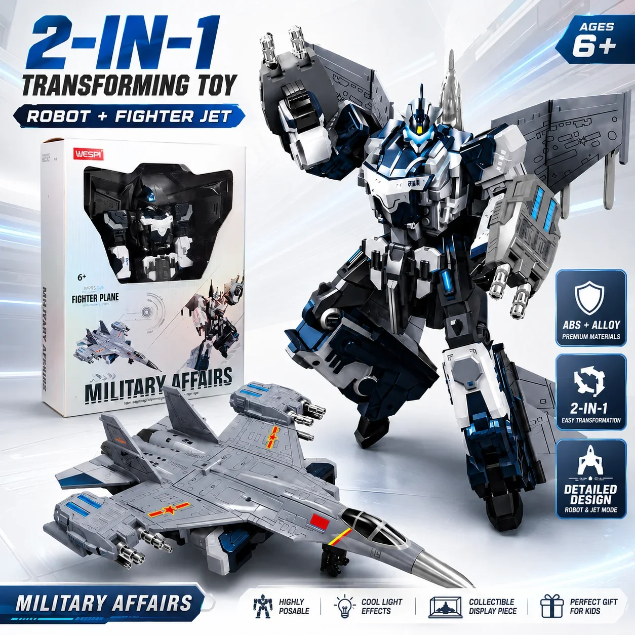 Military Fighter Plane Transforming Robot Toy W995 ABS Alloy Jet Aircraft Mecha Model with Box 31.4cm English Version
