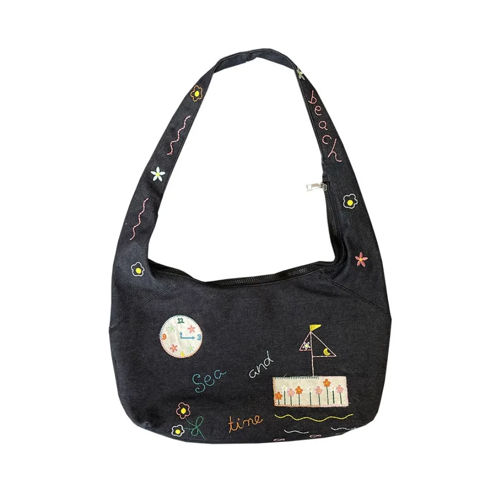 

Cloth Denim Canvas Bag Korean Style Retro Cartoon Pattern Shoulder Bag Geometric Large Capacity Embroidery Tote Bag Travel