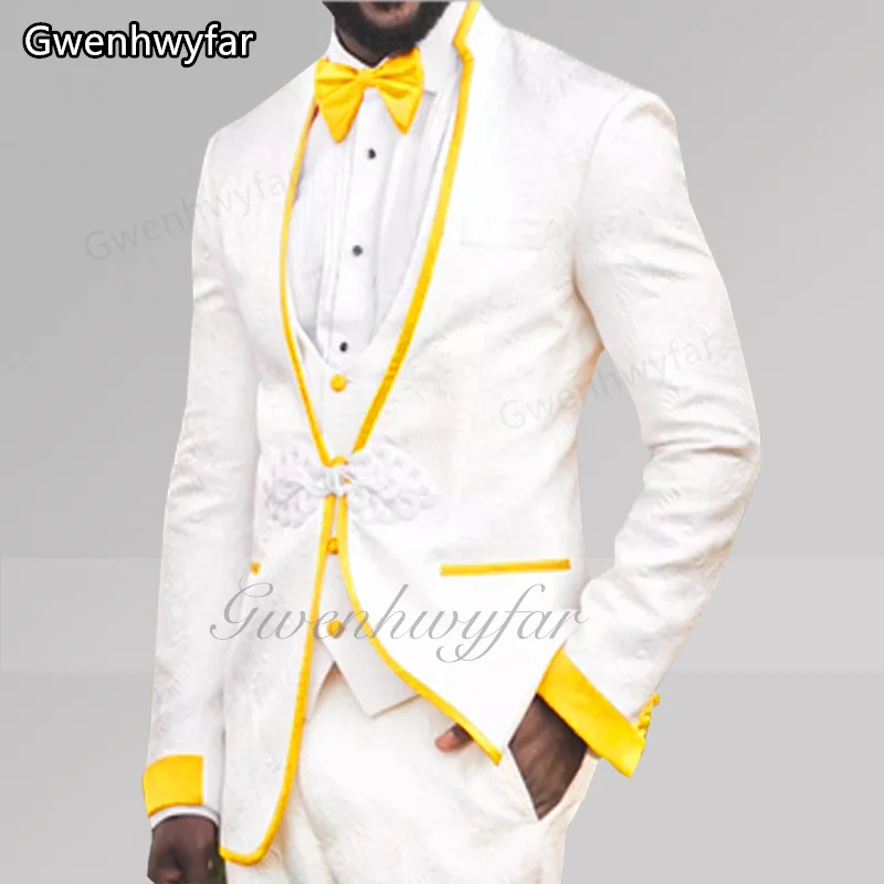

Gwenhwyar 2025 Newest Design White Jacquard Men's Suit Shiny Yellow Trim Formal Tuxedo Wedding Men's Prom Party 3 Piece Set