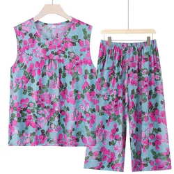 Summer Pajama Sets Middle Aged Mother Plus Size Homewear Flower Home Service Two-piece Thin Sleeveless Sleepwear Outside Wear