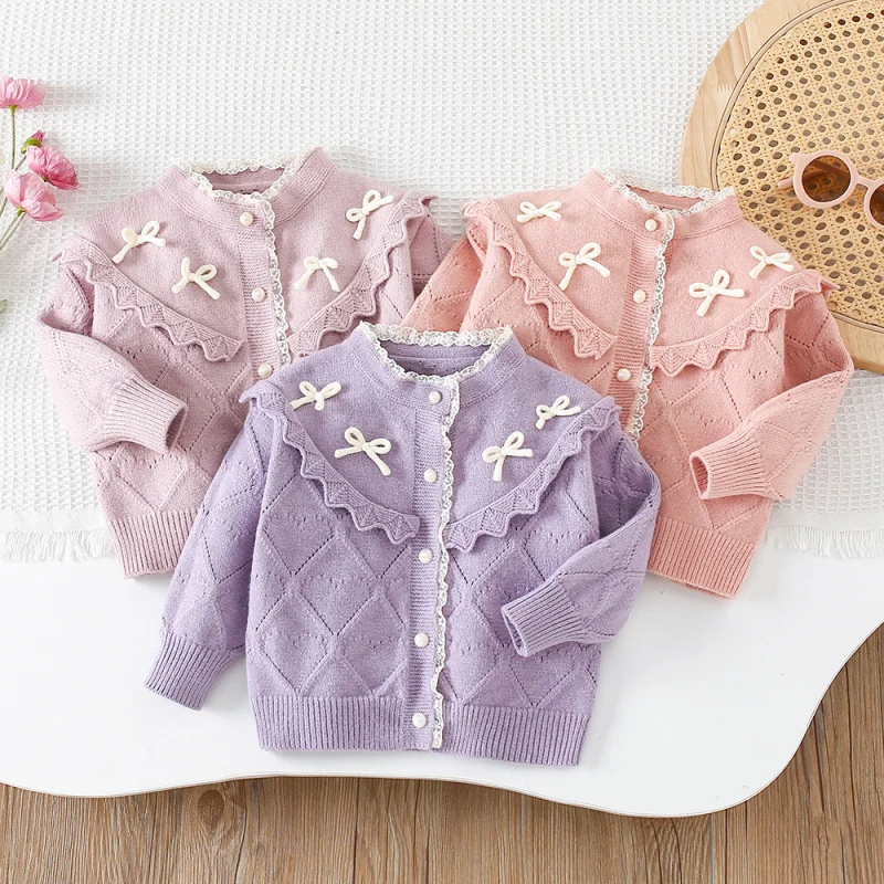 

Girls' Sweater Coat Autumn Winter New Korean Style Baby Girl Lace Trim Solid Color Stylish Children's Bow Knitted Sweater