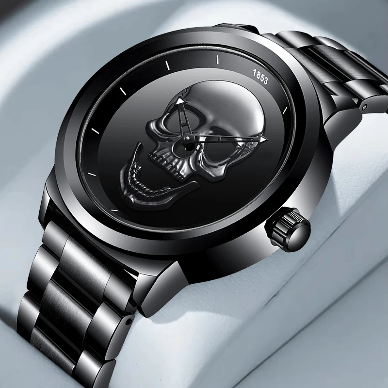 LIGE Men's 3D Skull Watch Fashion Luxury Punk Style Personality Trend Clocks Waterproof Stainless Steel Band Quartz Watches Male