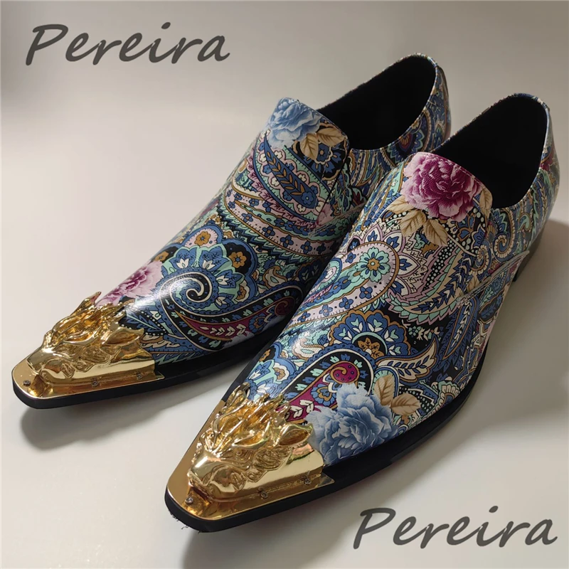Summer New Flower Printed Casual Business Shoes Iron Pointed Toe Slip-On Loafers Trendy Cowhide Party Nightclub Stage Shoes
