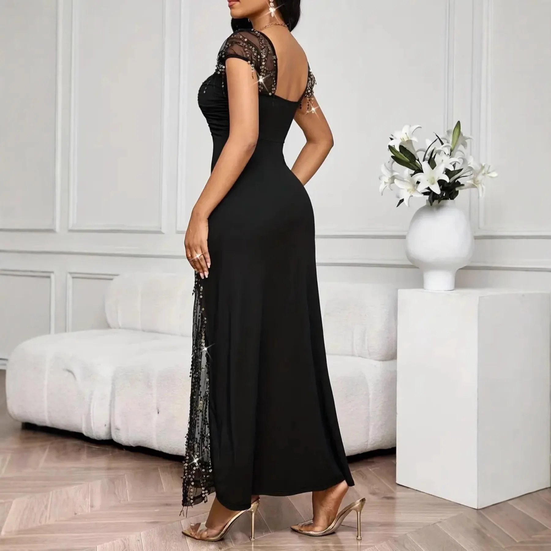 

Fashion Lace Patchwork Long Dress Black Elegant Bright Diamond Embellished Waist Slim Slit Party Dress Summer Lady Office Dress