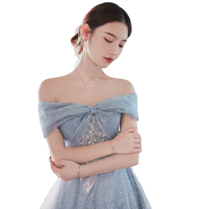2025 Women's New Blue One Shoulder Sexy Temperament Hosting Banquet Dress Fashion High Quality Luxury Vocal Art Exam Dress