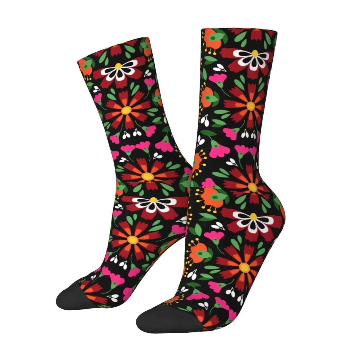 Autumn Winter Hip-hop Men's Women's Black Flower Mexican Style Socks Sweat Absorbing Sports Socks