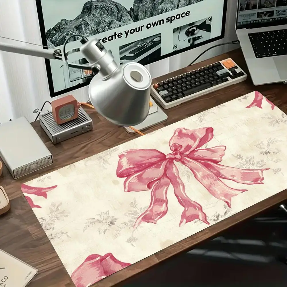 Watercolor Pink Bow With Floral Background mousepad playmat laptop office desktop large size game card pad bedroom learning