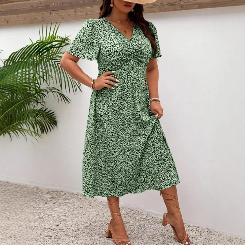 

Plus Size Vintage Floral Print Women's Summer Long Dress Large Size Elegant V-Neck Loose Casual Short Sleeve Boho Beach Dresses