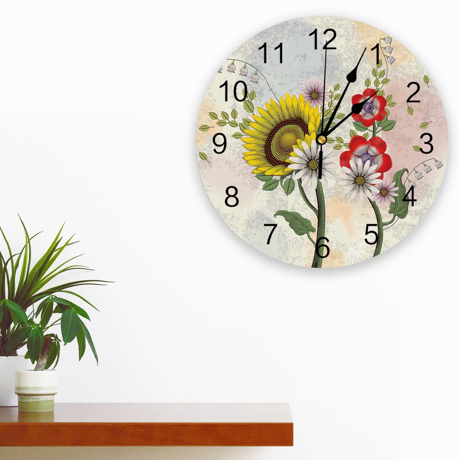 Gradual Sunflower Flower Leaf Plant Printed Wall Clock Modern Silent Clock Living Room Home Decor Wall Hanging Watch