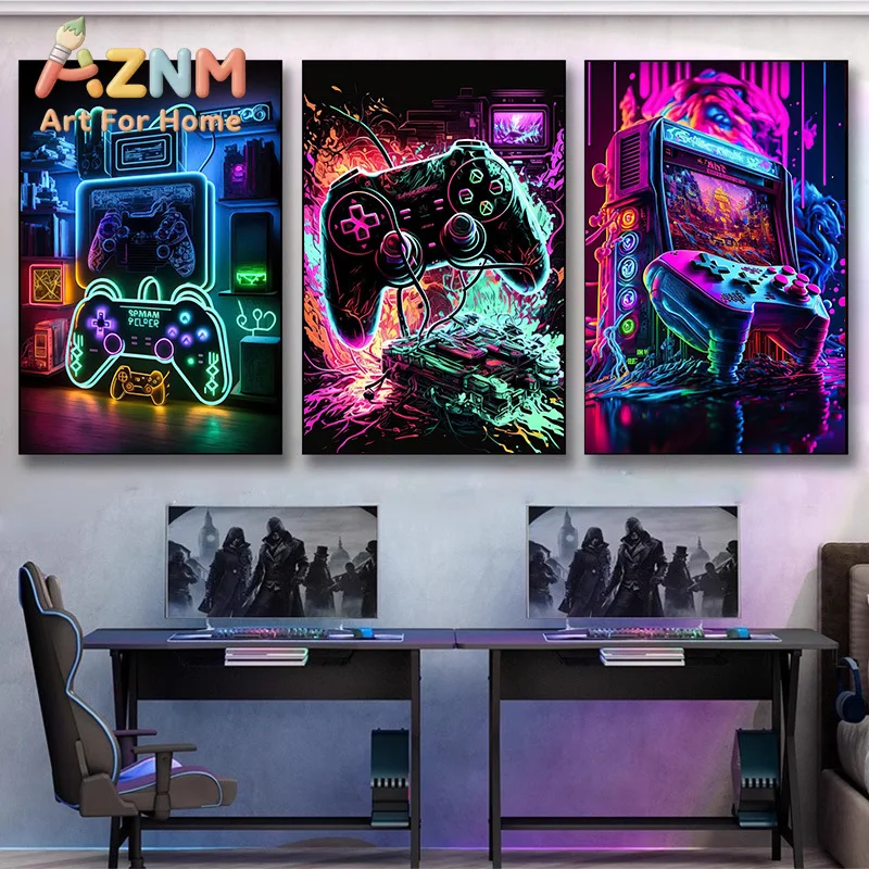 Modern Neon Pop Cool Gaming Wall Art Poster Colorful Gamer Controller Poster and Prints for E-sports Room Decor Gift No Lights