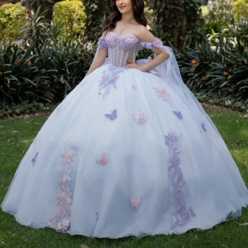 فساتين Quinceanera باللون الأزرق السماوي قبالة الكتف مزينة بفيونكة مطرز بالخرز كريستال تول حفلة عيد ميلاد حلوة 16 فستان Vestidos 15 De