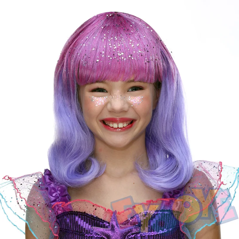 Child Little Mermaid Princess Purple Wig Blue Mermaid Glitter Costume Wig For Girls