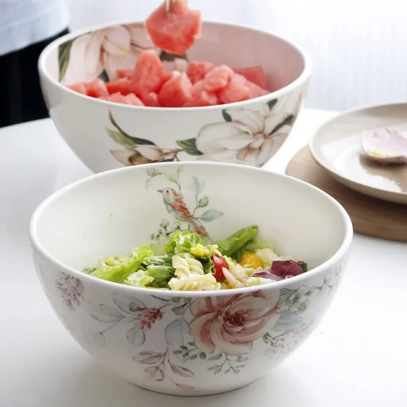 9.6inch Ceramic Rice Bowl Month Flower Printing Kitchen Fruit Bowls Beautiful Tableware Ramen Bowl Home Utensils for Hospitality