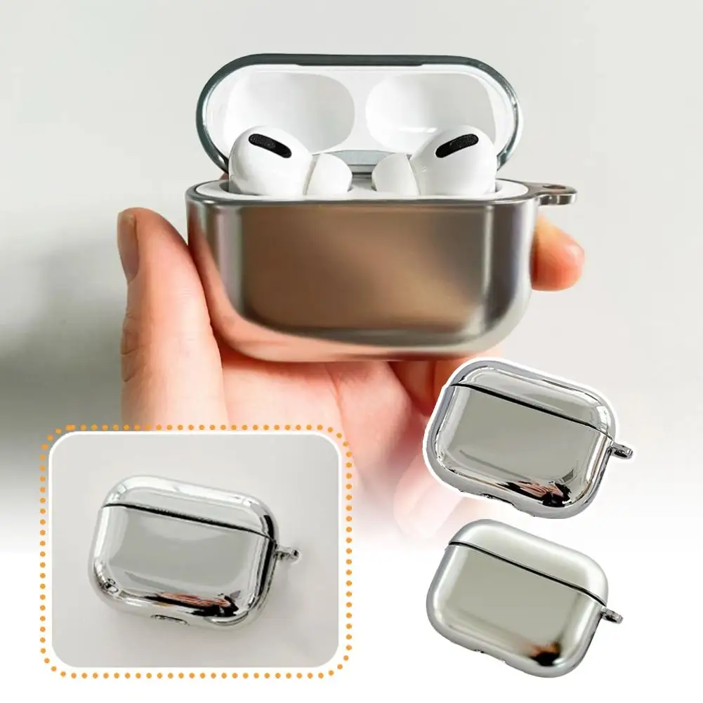 Galvanoplastia espelho prata fone de ouvido caso adequado para apple airpods4 bluetooth fone de ouvido caso metal prata com chaveiro b t5t5