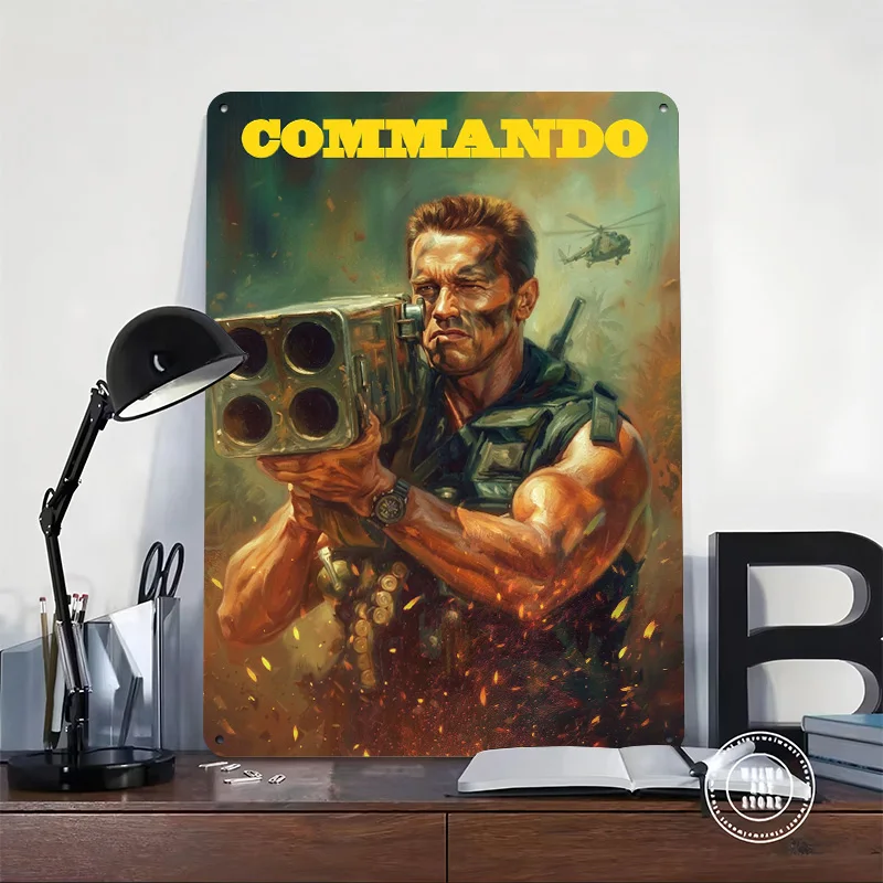 Commando Arnold Schwarzenegger Movie 3D Printed Texture Poster Personalized Wall Art Retro Metal Tin Signs for Office Decor Room