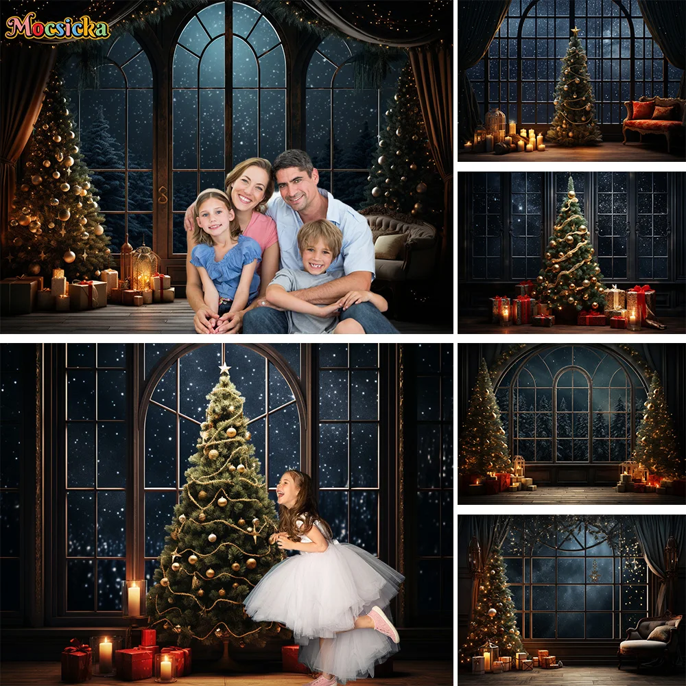 New Year's Eve Window Background Christmas Tree Decor Family Indoor Portrait Photography Background Winter Gift Photo Stuido