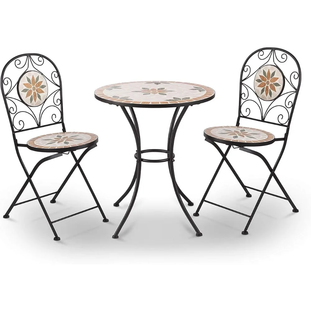 Tan Patio Set Corporation Indoor/Outdoor 3-Piece Mosaic Bistro Set Folding Table and Chairs Patio Seating Outdoor Garden Lounge