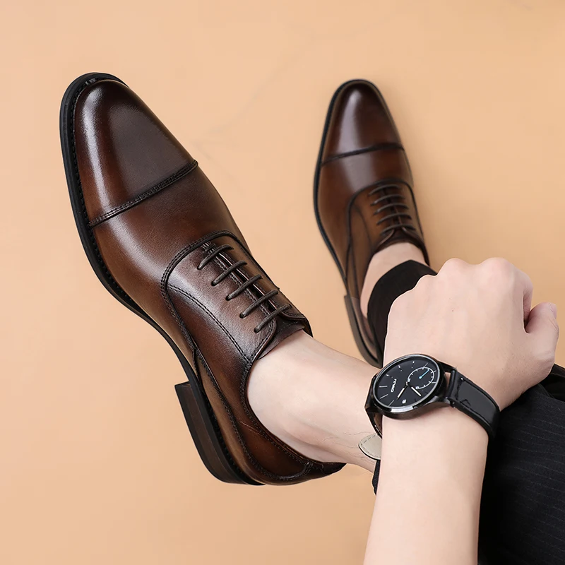 Business Formal Leather Shoes Men's Top Layer Cowhide Three Buckle Genuine Leather Oxford Shoes Youth Lace-Up Business  ...
