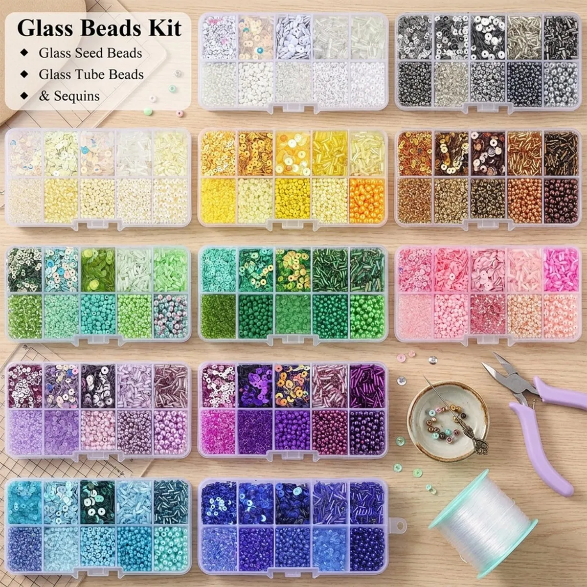 

Mixed Glass Seed Beads Kit with Sequins & Tube Beads, 10 Grids DIY Jewelry Making Set for Embroidery Earrings Bracelets Supplies