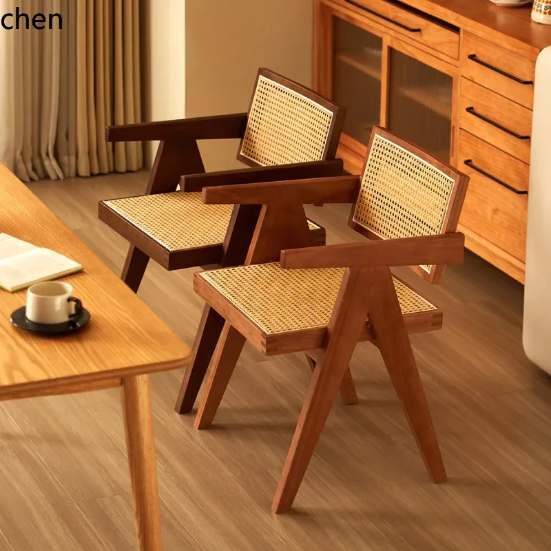 

W5.19 Solid Wood Dining Chair Home Medieval Armrest Backrest Chair Leisure Soft Bag Rattan Chair