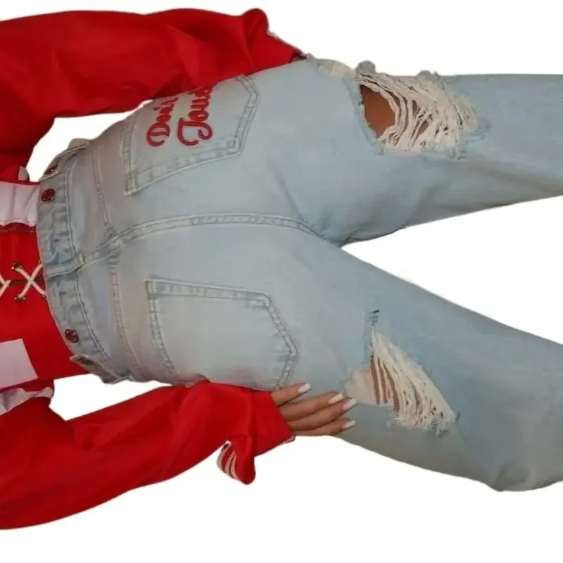 IMU New retro street style light wash vintage women jeans Y2K ripped and torn red embroidered back pocket loose straight leg pan