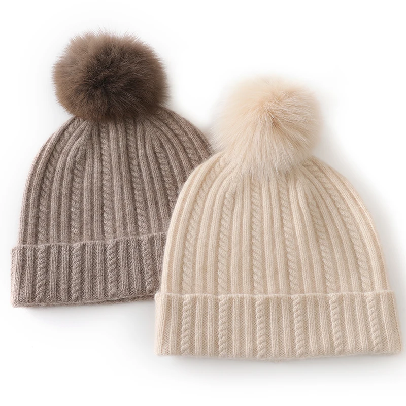 

Winter 100% Pure Cashmere Hat Fashion Thickened Warm Ear Protection Head Hat Versatile Knitted Pom Pom Knitted Hat