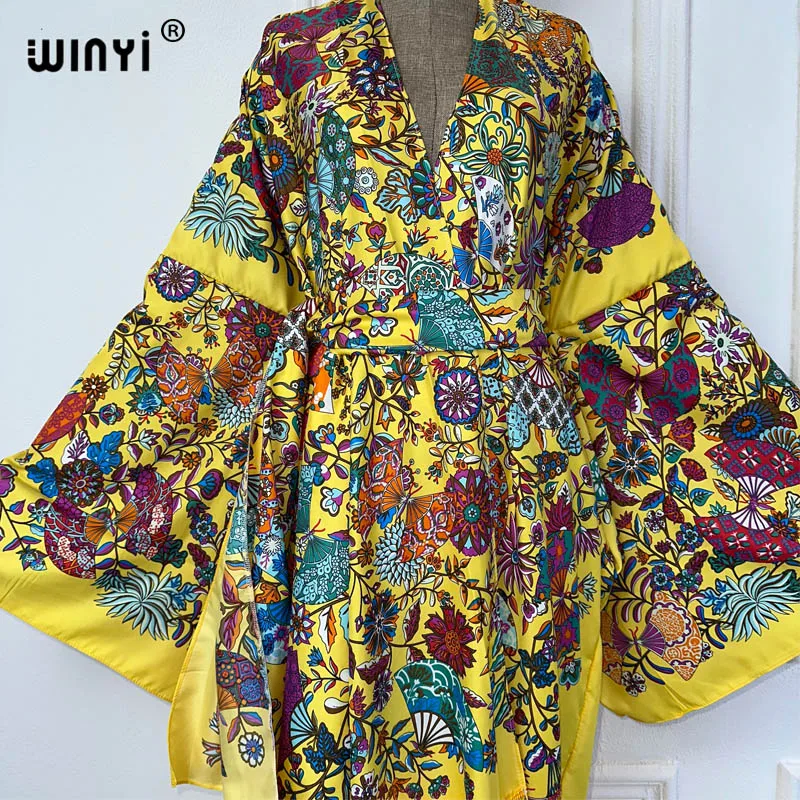 WINYI kimono boho summer dress beachwear summer Cardigan bohemian print Bikini Cover-up sexy Holiday long Sleeve tassels dress