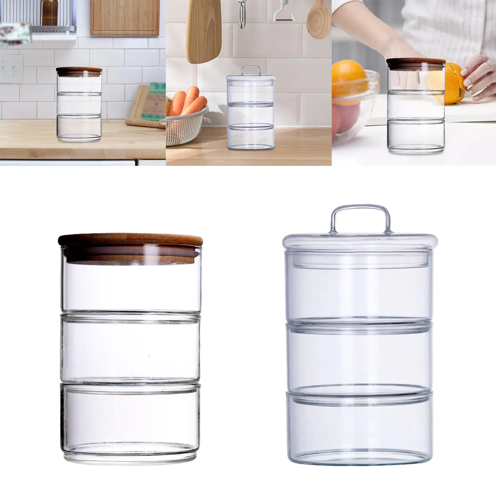 3 Tier Stacking Jars Salad Fruit Bowl 3 Layer Glass Food Jar for Candy Cereal Shelf