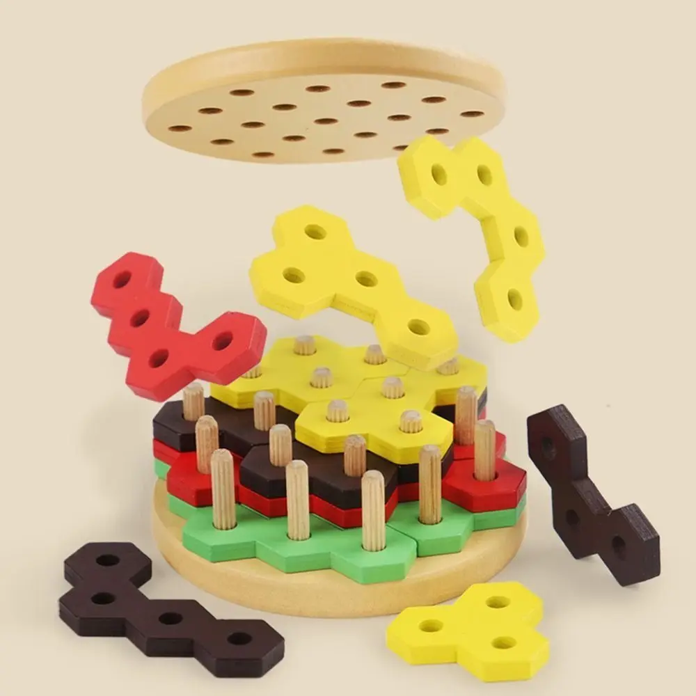 Creative 3D Burger Puzzle Toy Wood Blocks Color Cognition Hamburger Puzzle Building Toys Geometric Shape Hexagonal Sleeve Column