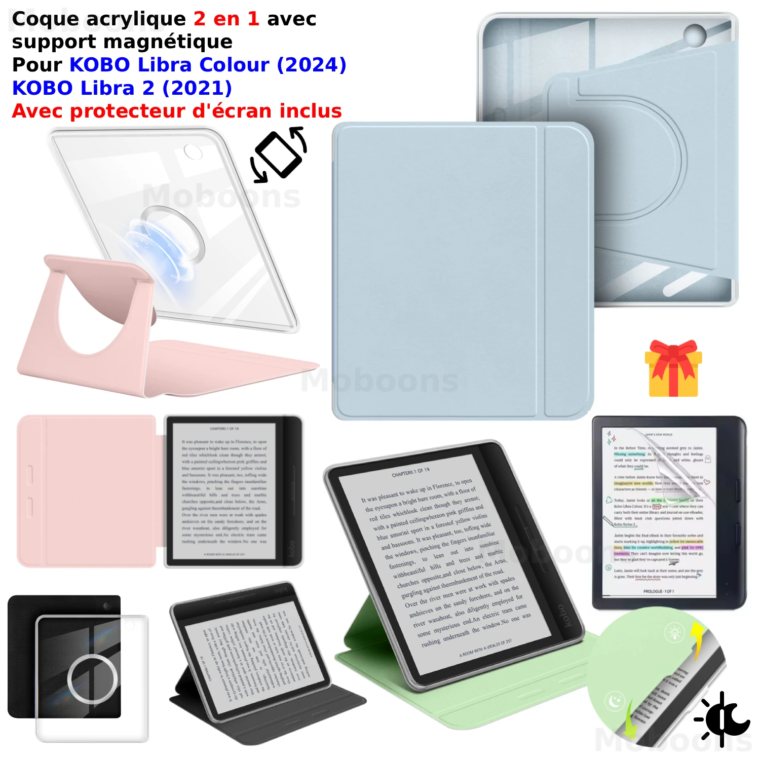 Pour KOBO Libra Color/Libra 2 étui + protecteur d'écran 360 °   Housse de support en cuir PU acrylique détachable magnétique rotatif 2 en 1