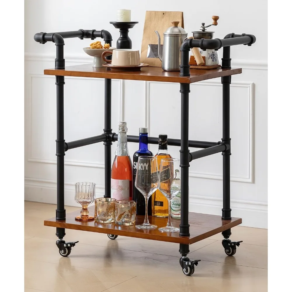 

Industrial Style Rolling Bar Cart with Shelves - Wooden Serving Cart on Wheels for Kitchen, Wine, and Tea Storage