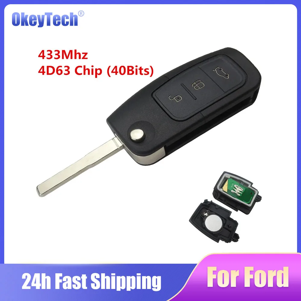 

Okeytech Flip Folding Remote Car Key 3 Buttons 433MHz 4D63 Chip For Ford Focus Fiesta C Max S Max Galaxy 2013 With Chip 4D63