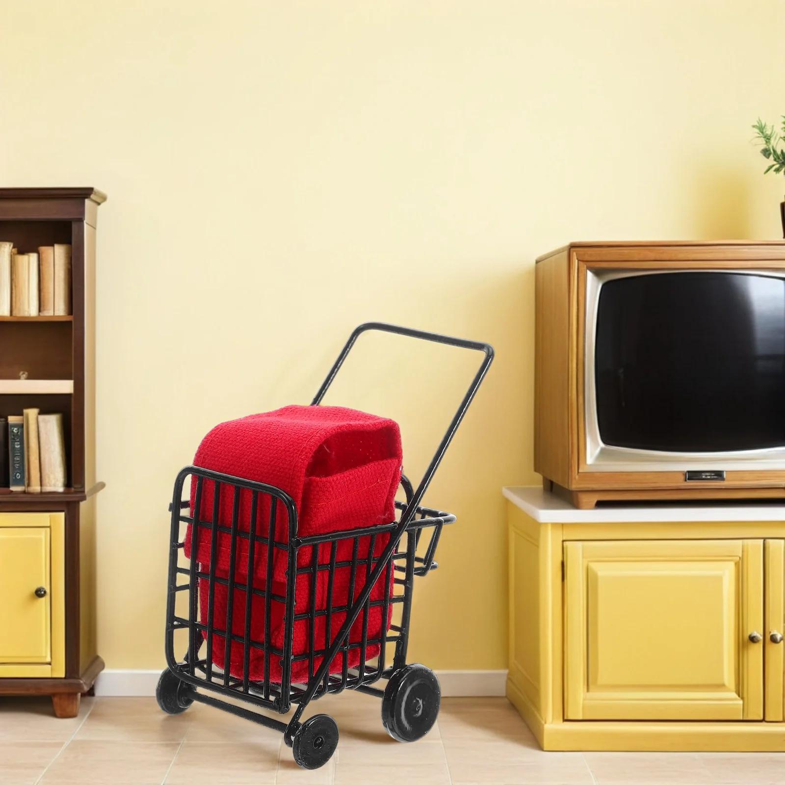 미니어처 블랙 메탈 쇼핑 카트 1:12 스케일 컴팩트 견고한 슈퍼마켓 식료품 핸드카트 인형집 주방 액세서리용