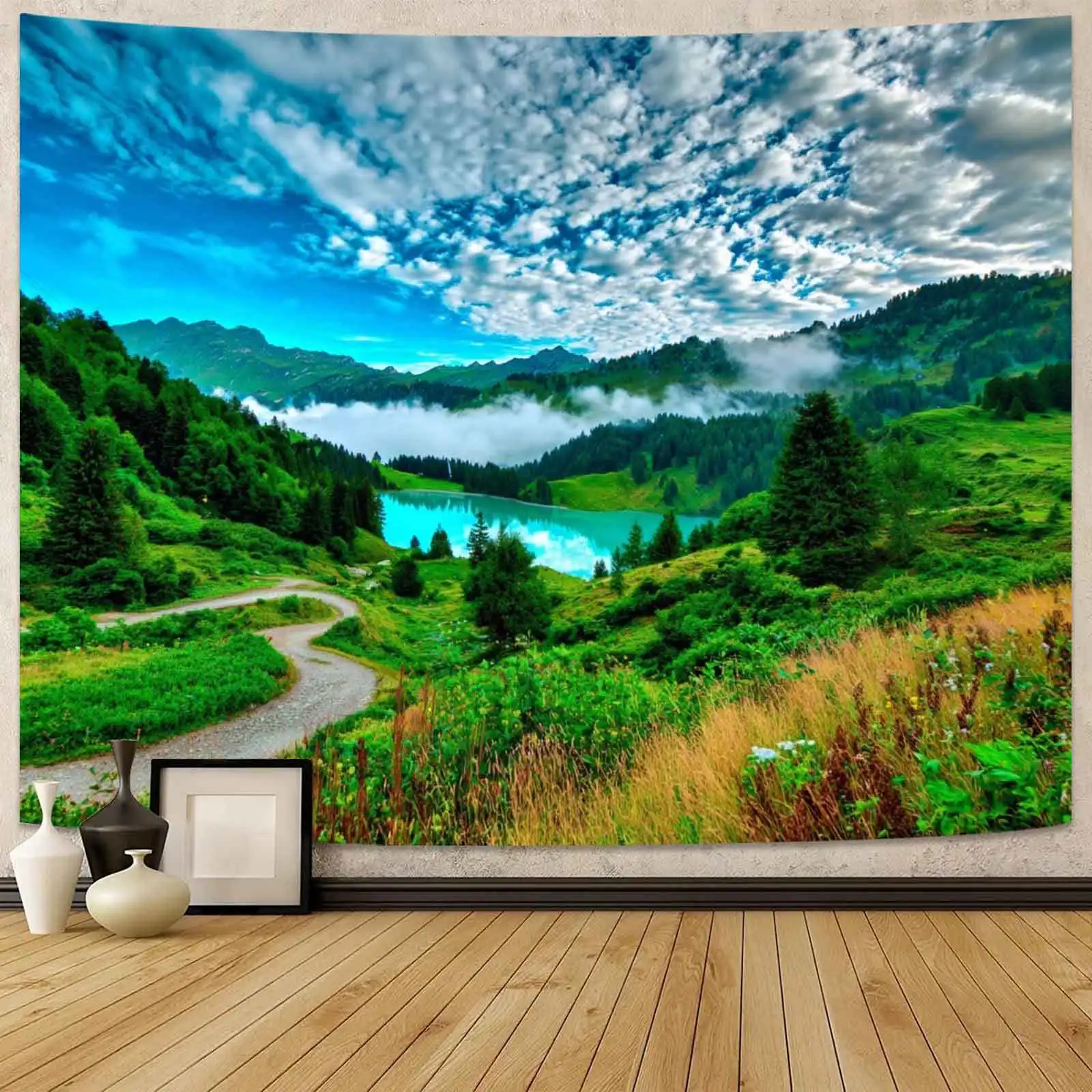 Alpine Lake Landscape Tapestry 2D Digital Print Polyester Wall Hanging Living Room Bedroom Office Decor with Hooks