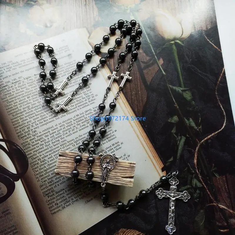 Y3NB Fashion Handmade Round Beads Catholic Rosary Necklace for Cross Pendant Religiou